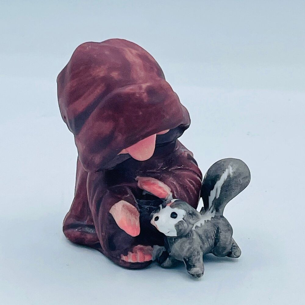 Vintage Figurine Blink Friar Monk in Robes Petting Black White Kitty Cat Skunk